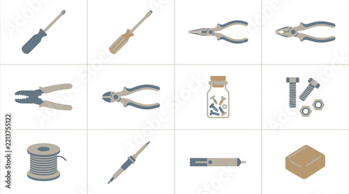 Hardware tools collection features manual repair equipment and construction maintenance gear in a minimalist icon set.