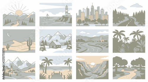 Landscapes featuring diverse natural environments and urban skylines appear as a series of minimalist vector illustrations.