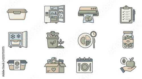 Food storage containers and kitchen appliances are displayed as a set of flat vector icons for modern meal planning concepts.