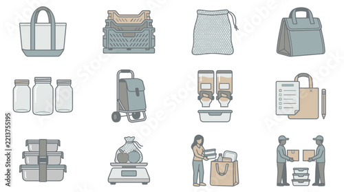 Sustainability concepts featuring reusable bags and storage containers are displayed as a collection of flat illustrations.