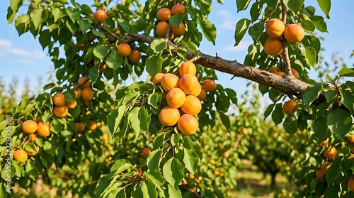 Fresh ripe apricots with water drops hanging on tree branch