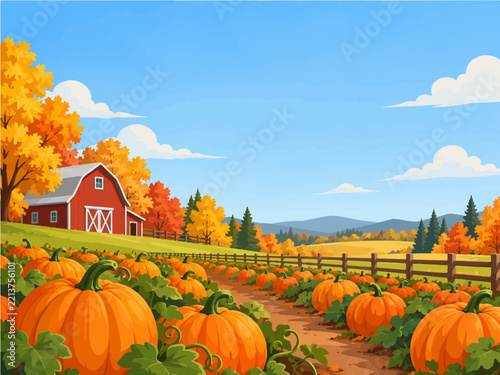 Autumn pumpkin farm illustration with orange harvest rows leading toward a red barn surrounded by golden trees and wooden fencing beneath a blue sky with open space for seasonal countryside designs