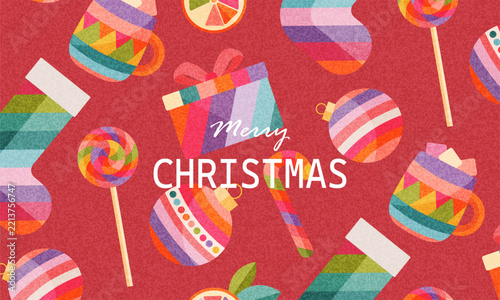 Colorful Christmas banner with rainbow colored stocking, gift box, bauble, and sweets on red background. Perfect for holiday banners, posters, greeting cards, web covers, and promo design templates.