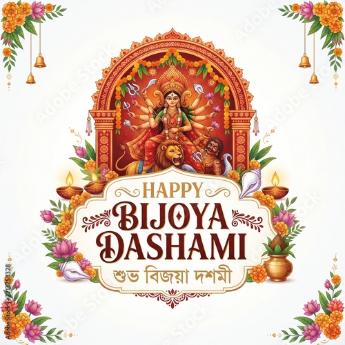 Happy Bijoya Dashami greeting with Goddess Durga and traditional elements Hindu festival