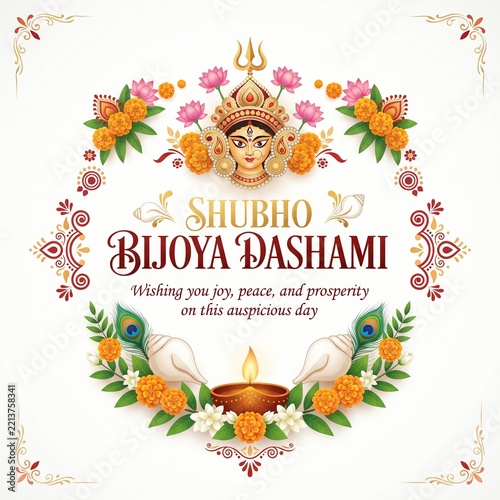 Shubh Bijoya Dashami greeting with goddess Durga and floral decorations Hindu festival