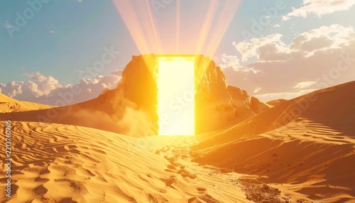 Glowing golden portal standing on a desert sand dune.