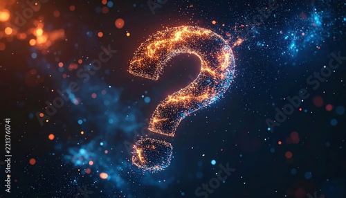Glowing golden question mark in cosmic nebula space background.