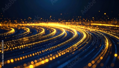 Glowing golden light trails on dark blue background.