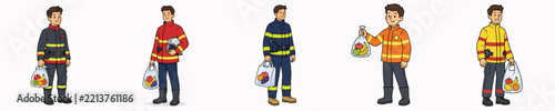 A set of vector illustrations featuring a male firefighter carrying a transparent plastic bag filled with fruit.
