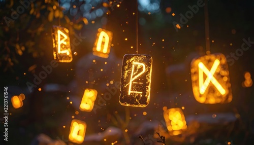 Glowing magical rune symbols hanging in a dark forest.