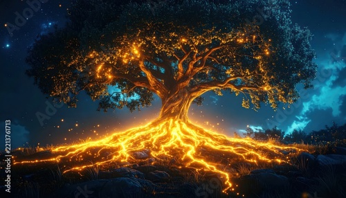 Glowing magical tree with golden roots at night.
