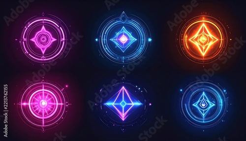 Glowing neon HUD circles and futuristic energy symbols.
