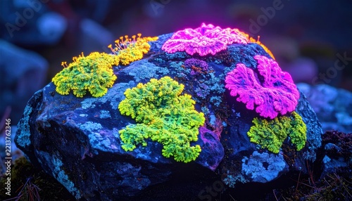 Glowing neon lichen growing on a dark stone surface.