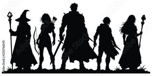 Silhouette of five fantasy characters against a white background