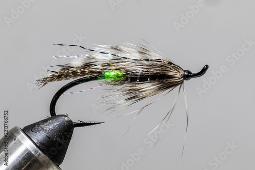 Green butt silver hilton or skunk fly on a tying vice ready to take fishing for steelhead