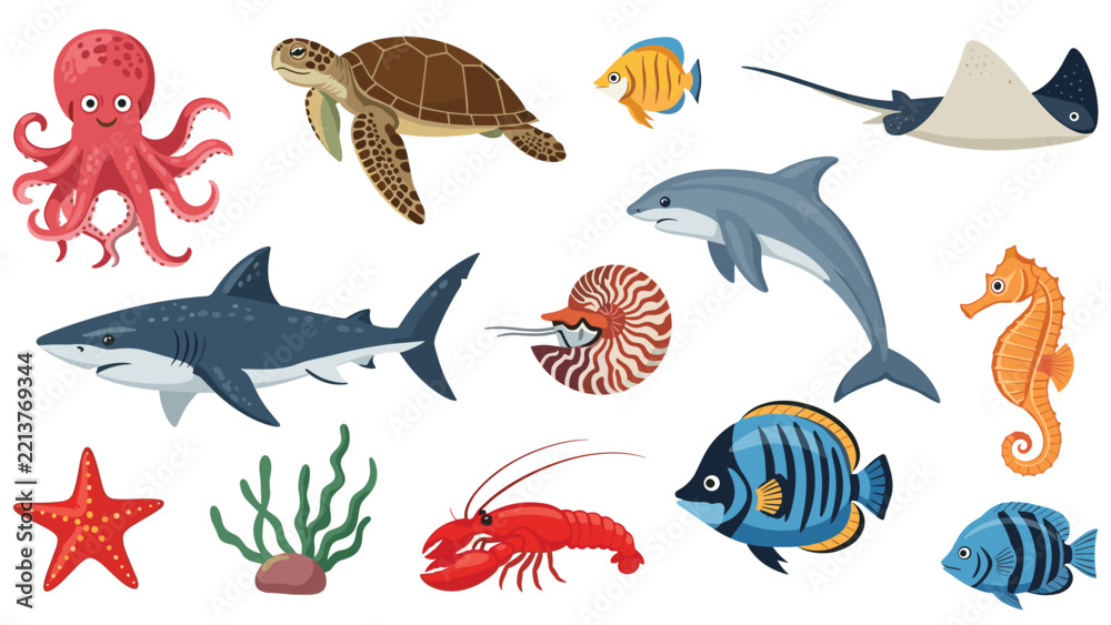 Fototapeta premium Ocean wildlife collection with various cartoon marine animals including shark, dolphin, octopus, and sea turtle.