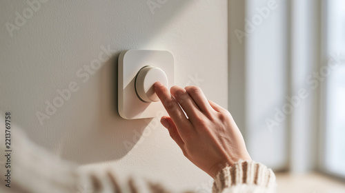 Hand reaching to adjust beige rotary dimmer switch on textured wall beside sunlit window