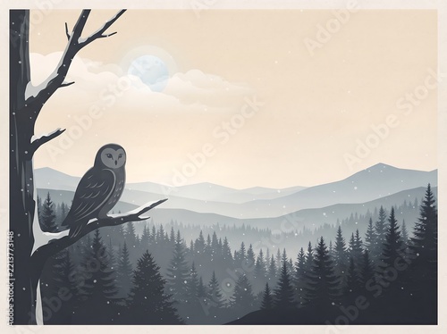 A majestic owl perched on a tree branch overlooking a serene misty mountain forest at sunrise