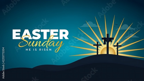 Easter sunday celebration graphic featuring three crosses on a hill with a sunrise background and he is risen text