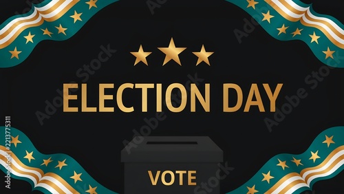Election day banner with ballot box, golden stars, and decorative ribbons on a dark background