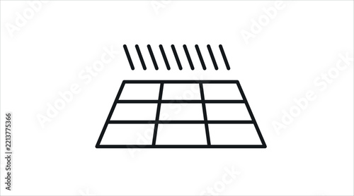 Solar panel grid with slanted sun rays vector icon. Black line art style on white background. Clean outline photovoltaic cells mesh for abstract renewable green energy, solar power infrastructure
