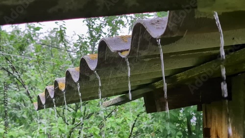Water streams dripping from the edge of a corrugated roof over wooden supports amidst a green, leafy outdoor background. Raindrops fall from the roof, indicating ongoing rainfall in a natural setting.