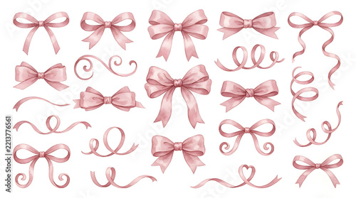 Decorative Pink Ribbons and Bows Collection: An artistic arrangement showcasing a variety of elegant pink ribbons and bows, from simple loops to intricate knots and curls.