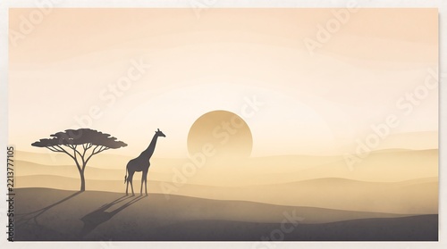 A solitary giraffe standing near an acacia tree in the african savanna during a hazy golden sunrise
