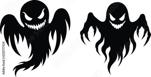 Two Scary Halloween Ghost Faces with Sharp Teeth.