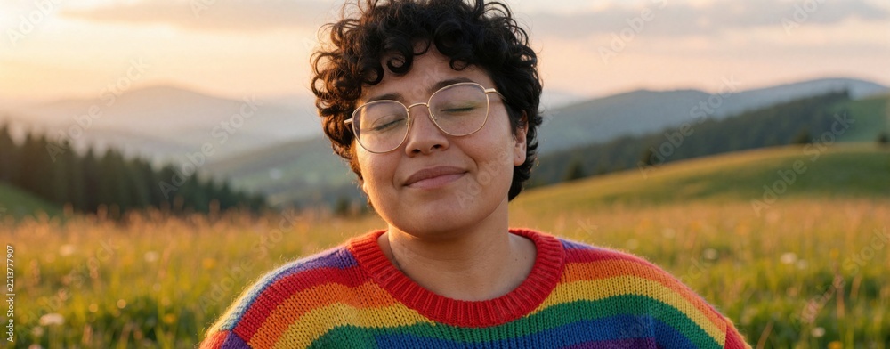Fototapeta premium Young person with short curly hair wears rainbow sweater, glasses. Relaxed face with closed eyes in sunny mountain field. Diverse individual enjoys peace, freedom, pride in nature during golden hour.