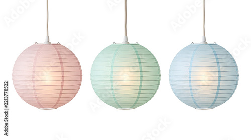 Set of Three Pastel Colored Chinese Paper Lanterns in Pink Green and Blue, Modern Hanging Lamp Decor