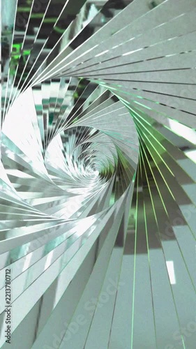 Futuristic glass panel spiral tunnel with reflective chrome geometric architecture for motion background.