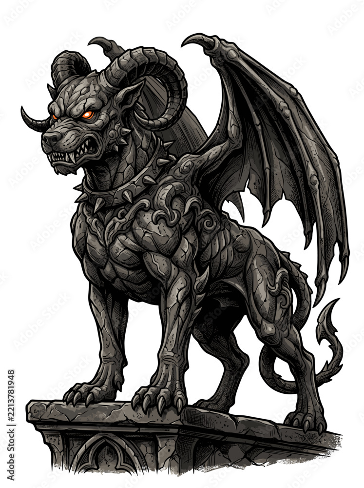 Fototapeta premium Fierce stone gargoyle hound beast with horns and wings standing on a pedestal