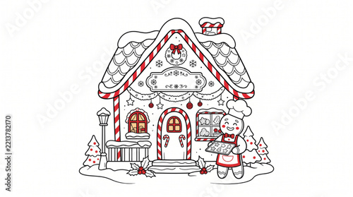 Christmas Gingerbread House with Baker Man holding Cookie Tray Vector Illustration