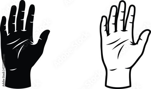 Hand Illustration Pair, Black and White Outline Drawing, Graphic Design Element Featuring Hands, Palm