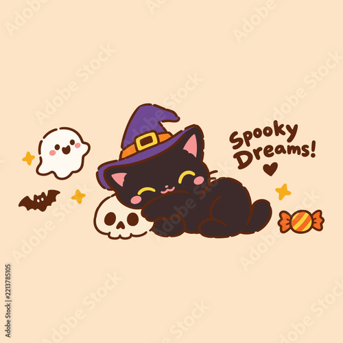 Cute Cartoon Halloween Black Cat with Witch Hat Sleeping on a Skull