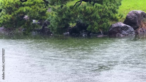 Matsushima Island in Kiyosumi Garden on a Rainy Day, Tokyo Japan