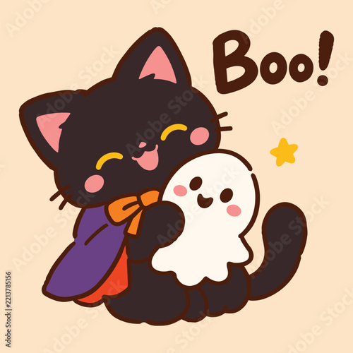 Cute black cat in costume hugging a ghost for Halloween
