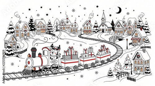 Christmas Train Carrying Gifts in Snowy Winter Village Landscape Vector Illustration