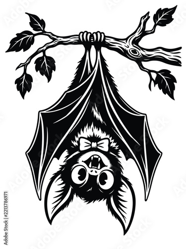 Cute Bat Illustration Hanging Upside Down on Tree Branch