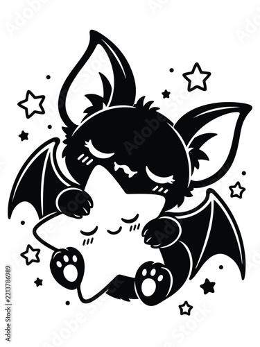 Cute Bat Illustration Hugging a Star Kawaii Vector Art