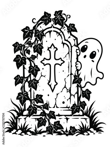 Cute Halloween Ghost Peeking Behind Tombstone Illustration