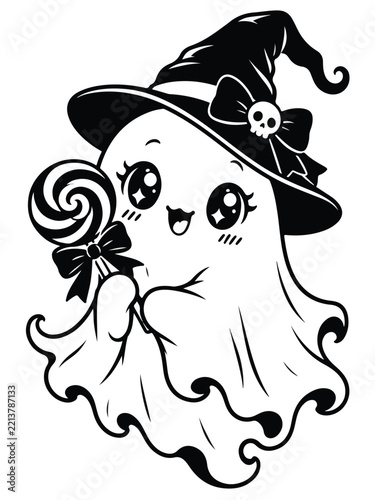 Cute Halloween Ghost Wearing Witch Hat Holding Lollipop Illustration