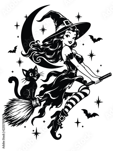 Halloween Witch Illustration Flying on Broomstick with Black Cat