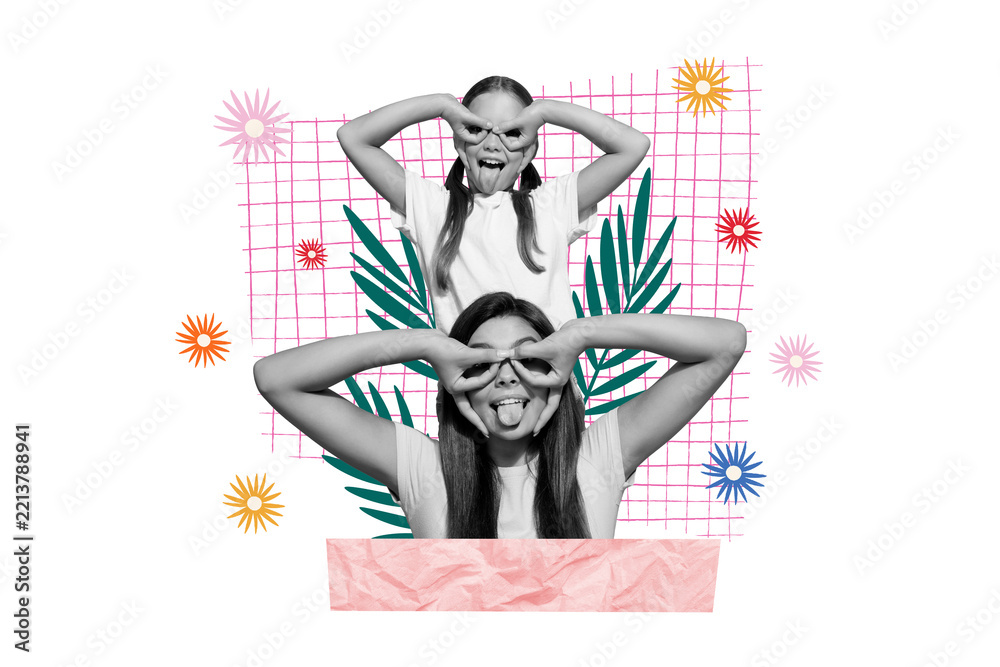 Fototapeta premium Creative poster banner collage of two girls kids sisters make faces over painting color background