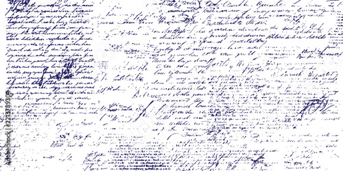 Messy unreadable blue handwritten script text with ink smudges and splatters vector illustration.
