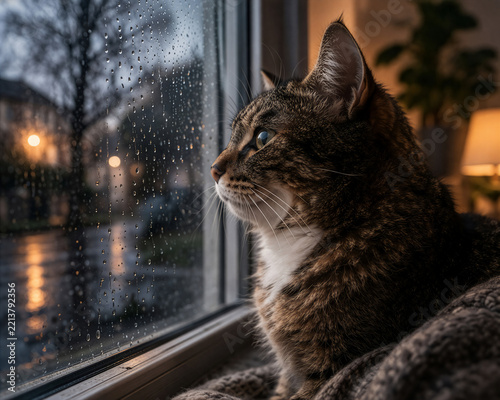 Katze sieht abends aus dem Fenster