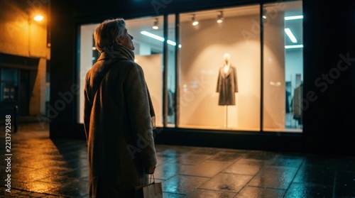 Solitary exhausted shopper outside store on Black Friday