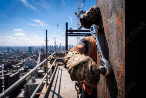 Construction worker tightening bolt on high-rise steel frame