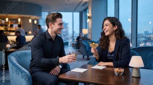 Happy couple enjoying cocktails and conversation in a modern upscale rooftop lounge at night